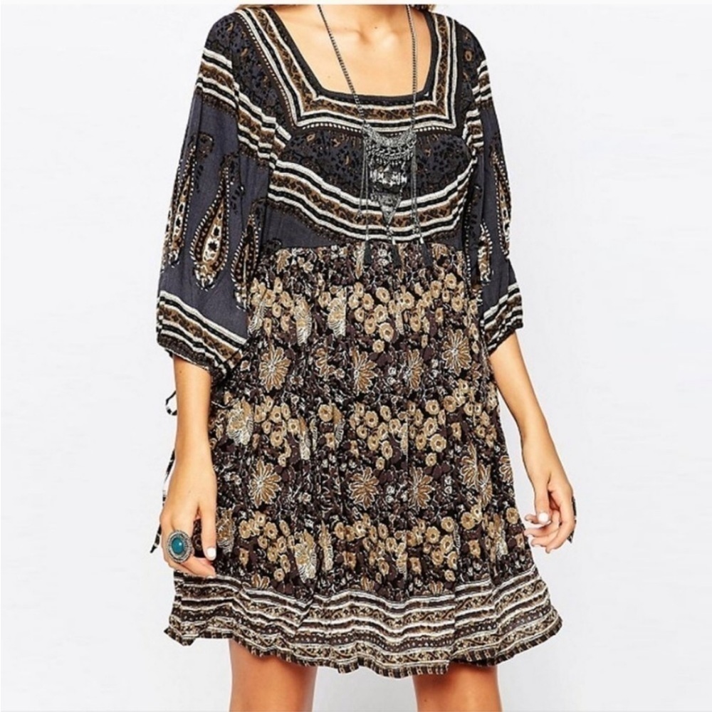 Free People Midsummer Night Dream Black Floral Print Dress